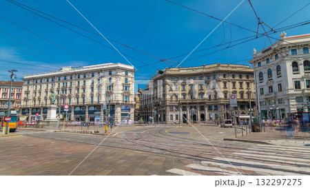Cordusio Square and Dante street with surrounding palaces, houses and buildings timelapse hyperlapse 132297275