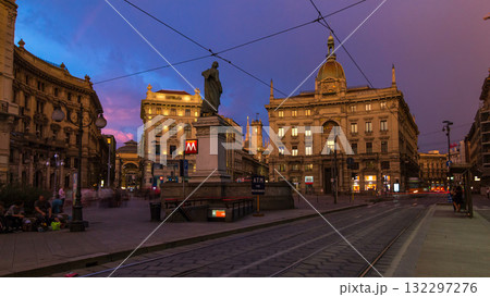 Cordusio Square and Dante street with surrounding palaces, houses and buildings at sunset timelapse Cordusio Square and Dante street with surrounding palaces, houses and buildings at sunset timelapse 132297276