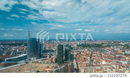 Milan aerial view of modern towers and skyscrapers and the Garibaldi railway station in the business district timelapse 132297278