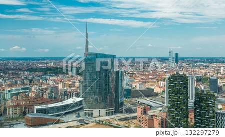 Milan aerial view of modern towers and skyscrapers and the Garibaldi railway station in the business district timelapse 132297279