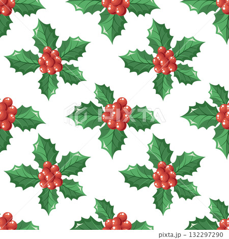 Festive Christmas seamless pattern with holly berries. Christmas decoration of holly branches on a white background. 132297290