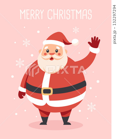 Merry Christmas Greeting Card with Waving Santa Claus. Christmas holiday card with festive character. 132297294