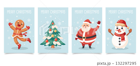 Set of Christmas cards with Santa Claus, snowman, gingerbread man and Christmas tree. Christmas holiday cards collection with festive characters. Set of Christmas cards with Santa Claus, snowman, gingerbread man and Christmas tree. Christmas holiday cards collection with festive characters. 132297295