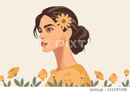 Elegant female profile portrait with yellow flowers. Banner for Women's Day, Mother's Day. Elegant female profile portrait with yellow flowers. Banner for Women's Day, Mother's Day. 132297296