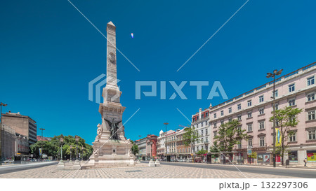 Restauradores Square in Lisbon timelapse hyperlapse. Monument to the Restorers and historical houses around Restauradores Square in Lisbon timelapse hyperlapse. Monument to the Restorers and historical houses around 132297306