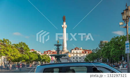Timelapse hyperlapse of Rossio Square with wavy cobblestones, fountain and Pedro IV monument. Lisbon, Portugal 132297321