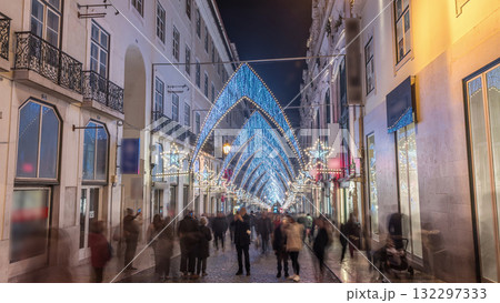 Night timelapse hyperlapse of Christmas lights and decorations in downtown Lisbon at Chiado 132297333