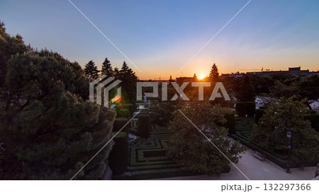 Beautiful sunset timelapse at Sabatini gardens near Royal palace in Madrid, Spain 132297366