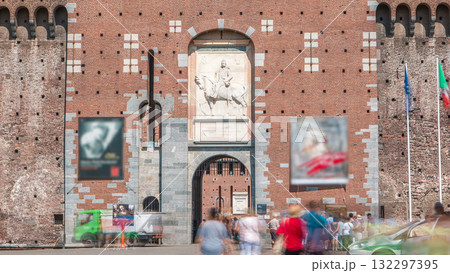 Main entrance to the Sforza Castle - Castello Sforzesco timelapse, Milan, Italy 132297395