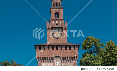 Tower with clock of the Sforza Castle - Castello Sforzesco timelapse, Milan, Italy 132297396