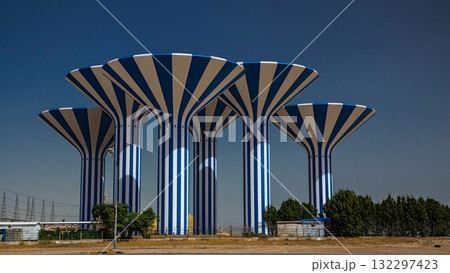 Blue and white water towers in Kuwait timelapse hyperlapse, Middle East 132297423