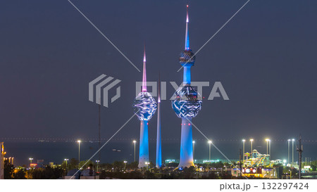 The Kuwait Towers day to night timelapse - the best known landmark of Kuwait City. Kuwait, Middle East The Kuwait Towers day to night timelapse - the best known landmark of Kuwait City. Kuwait, Middle East 132297424