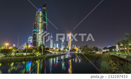 Music fountains in park with Kuwait City cityscape night timelapse hyperlapse 132297433