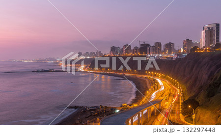 Aerial view of Lima's Coastline in the neighborhood of Miraflores day to night timelapse, Lima, Peru Aerial view of Lima's Coastline in the neighborhood of Miraflores day to night timelapse, Lima, Peru 132297448