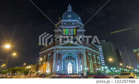 Exterior of the Immaculate Heart of Mary Church illuminated at night timelapse hyperlapse. Lima, Peru 132297466