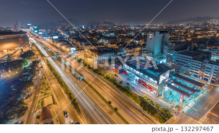Aerial view of Via Expresa highway and metropolitan bus with traffic day to night timelapse. Lima, Peru Aerial view of Via Expresa highway and metropolitan bus with traffic day to night timelapse. Lima, Peru 132297467
