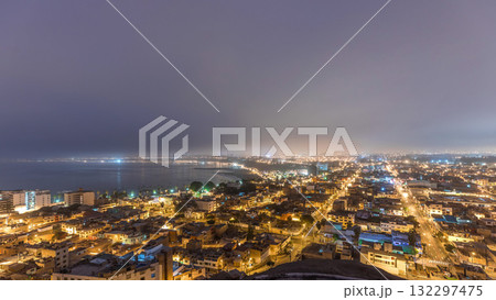 Panoramic skyline of Lima city from above with many buildings aerial night to day transition timelapse. Lima, Peru 132297475