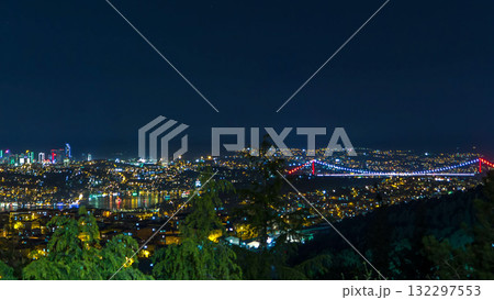 Fatih Sultan Mehmet Bridge view, connects Asia and Europe night timelapse from top of Camlyca hill. Istanbul, Turkey Fatih Sultan Mehmet Bridge view, connects Asia and Europe night timelapse from top of Camlyca hill. Istanbul, Turkey 132297553