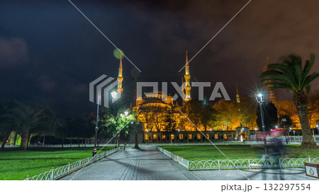 Blue Mosque timelapse hyperlapse at night with golden illumination, Istanbul 132297554