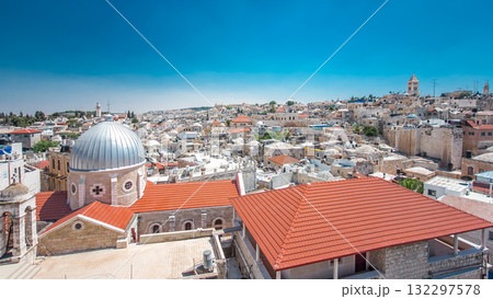 Skyline of the Old City in Jerusalem with historic buildings aerial timelapse, Israel. Skyline of the Old City in Jerusalem with historic buildings aerial timelapse, Israel. 132297578