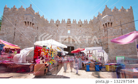Entrance to Damascus Gate or Shechem Gate timelapse hyperlapse, one of the gates to the Old City of Jerusalem, Israel Entrance to Damascus Gate or Shechem Gate timelapse hyperlapse, one of the gates to the Old City of Jerusalem, Israel 132297584
