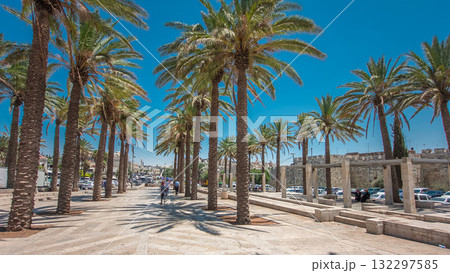 Palm trees on Alley Mish'ol HaPninim Garden leading to the Damascus Gate timelapse hyperlapse in Jerusalem Old City, Israel. Palm trees on Alley Mish'ol HaPninim Garden leading to the Damascus Gate timelapse hyperlapse in Jerusalem Old City, Israel. 132297585