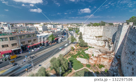 Aerial view from Damascus Gate or Shechem Gate timelapse, one of the gates to the Old City of Jerusalem, Israel 132297586