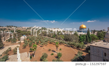 Garden area timelapse hyperlapse and view of the Dome of the Rock, in the historical center of the city 132297597