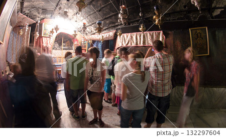 Church of the Nativity interior with altar and icon lamps hanging on long chain in Bethlehem timelapse. Church of the Nativity interior with altar and icon lamps hanging on long chain in Bethlehem timelapse. 132297604