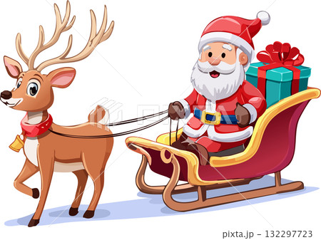 トナカイが引くソリに乗りプレゼントを届けるサンタクロース（ベクター,ベクトル） 132297723