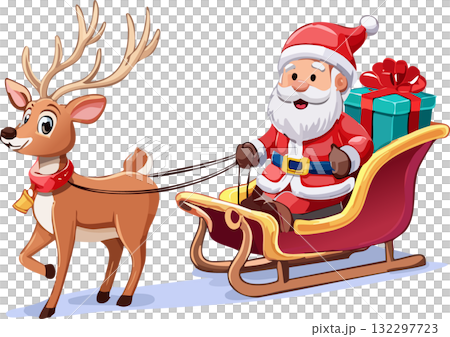 トナカイが引くソリに乗りプレゼントを届けるサンタクロース（ベクター,ベクトル） 132297723