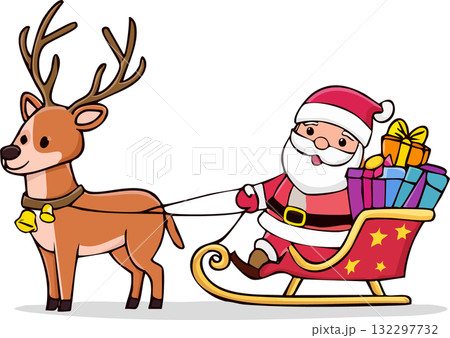 トナカイが引くソリに乗りプレゼントを届けるサンタクロース（ベクター,ベクトル） 132297732