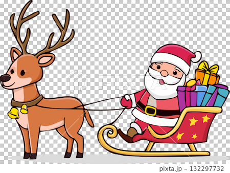 トナカイが引くソリに乗りプレゼントを届けるサンタクロース（ベクター,ベクトル） 132297732