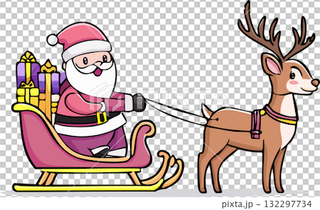 トナカイが引くソリに乗りプレゼントを届けるサンタクロース（ベクター,ベクトル） 132297734