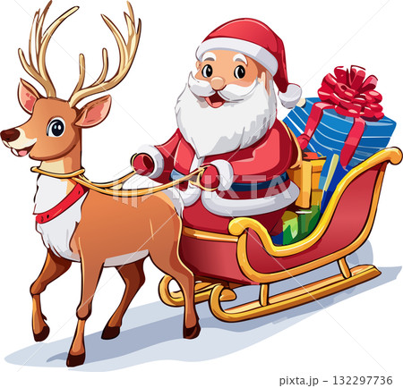 トナカイが引くソリに乗りプレゼントを届けるサンタクロース（ベクター,ベクトル） 132297736
