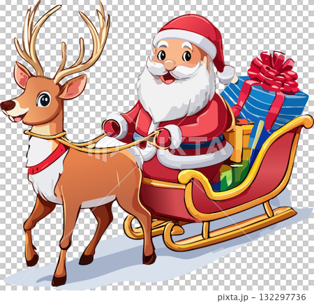 トナカイが引くソリに乗りプレゼントを届けるサンタクロース（ベクター,ベクトル） 132297736