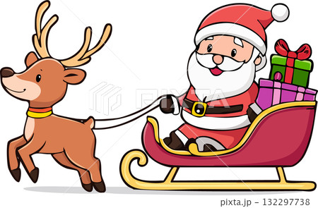 トナカイが引くソリに乗りプレゼントを届けるサンタクロース(ベクター,ベクトル) トナカイが引くソリに乗りプレゼントを届けるサンタクロース(ベクター,ベクトル) 132297738