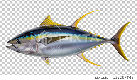 Yellowfin tuna, known for its striking yellow and blue hues, is isolated against a transparent background. This species represents strength and beauty in marine life. 132297845