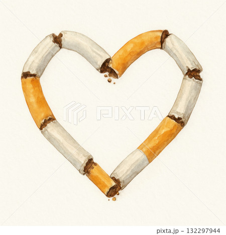 Watercolor illustration shows broken cigarette heart shape, symbolizing tobacco addiction danger. Anti smoking message expresses sadness, promoting health, wellness, and freedom from harmful habit Watercolor illustration shows broken cigarette heart shape, symbolizing tobacco addiction danger. Anti smoking message expresses sadness, promoting health, wellness, and freedom from harmful habit 132297944