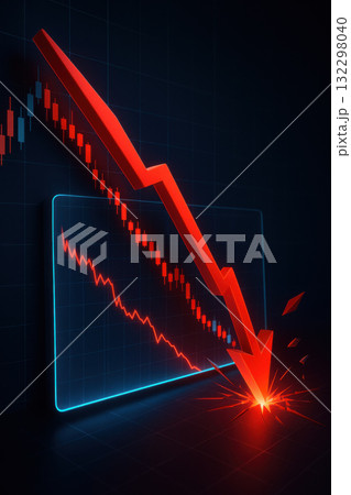 Dramatic stock chart visualization of business loss. red arrow representing economy downturn breaks through screen, symbolizing financial crisis on dark background Dramatic stock chart visualization of business loss. red arrow representing economy downturn breaks through screen, symbolizing financial crisis on dark background 132298040