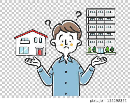 一戸建てかマンションか迷う男性　ベクター 132298235