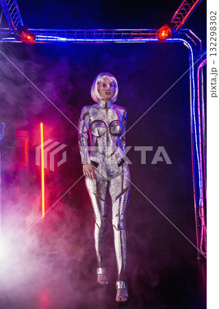 blonde girl as cyber robot. cyber girl in shining silver armor in neon 132298302