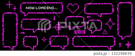 サイバーパンクなグリッチ風の吹き出しと装飾セット　ピンク 132298639