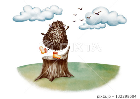Hedgehog in yellow rain boots,says goodbye with a paw wave to the birds heading winterwards in the clouds,stands on a stump on the clearing.Watercolor and colored pencils illustration 132298684