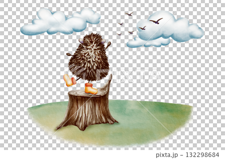 Hedgehog in yellow rain boots,says goodbye with a paw wave to the birds heading winterwards in the clouds,stands on a stump on the clearing.Watercolor and colored pencils illustration 132298684