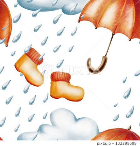 Autumn seamless pattern-yellow-orange umbrella and rubber boots with knitted cuffs,rainy clouds,and raindrops in watercolor and colored pencil mixed media In a childlike style 132298689