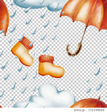 Autumn seamless pattern-yellow-orange umbrella and rubber boots with knitted cuffs,rainy clouds,and raindrops in watercolor and colored pencil mixed media In a childlike style 132298689