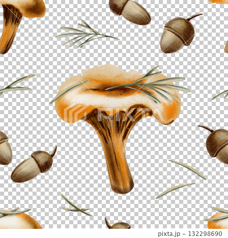 Whimsical chanterelle mushrooms with needles and a tiny twig in seamless pattern evoking autumns charm,in watercolor and colored pencil technique.For storytelling in childrens books and nature-themed Whimsical chanterelle mushrooms with needles and a tiny twig in seamless pattern evoking autumns charm,in watercolor and colored pencil technique.For storytelling in childrens books and nature-themed 132298690