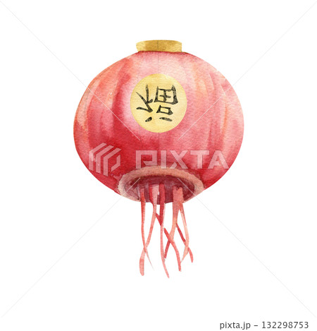 Chinese outdoor red paper lantern with character Fu sticker, translation is Happiness and fortune watercolor illustration. Hand drawn Asian style light for Spring festival,wedding poster, card design Chinese outdoor red paper lantern with character Fu sticker, translation is Happiness and fortune watercolor illustration. Hand drawn Asian style light for Spring festival,wedding poster, card design 132298753