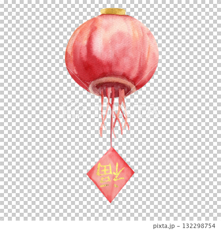 Festive outdoor red paper lantern with hanging sign with "Fu" character, translation is "Happiness and fortune" watercolor illustration. Spring festival and asian lunar New year poster, sticker design 132298754